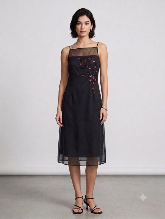 Vintage Dresses & Skirts - Vintage Phoebe Petites Black Beaded Floral Sheer Dress Sz 12 Fits Small Y2K 90s